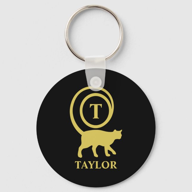 Monogram Name Initial Kitty Cat Lover Black Gold Key Ring (Front)
