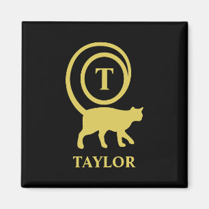 Monogram Name Initial Kitty Cat Lover Black Gold Magnet