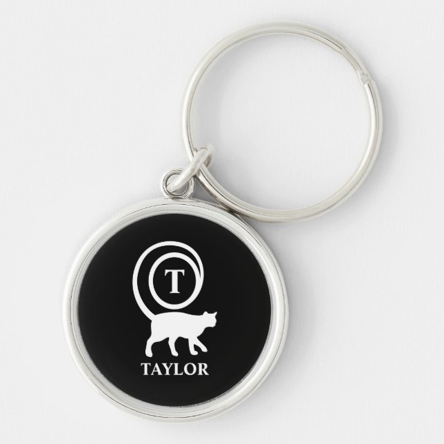 Monogram Name Initial Kitty Cat Lover Black White Key Ring (Front)