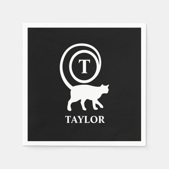 Monogram Name Initial Kitty Cat Lover Black White Napkin (Front)