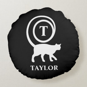 Monogram Name Initial Kitty Cat Lover Black White Round Cushion