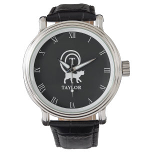 Monogram Name Initial Kitty Cat Lover Black White Watch