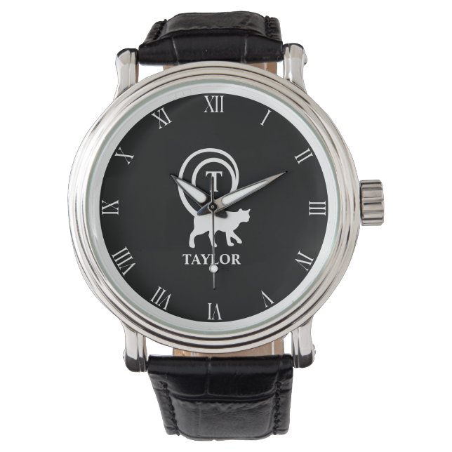 Monogram Name Initial Kitty Cat Lover Black White Watch (Front)