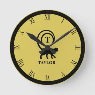 Monogram Name Initial Kitty Cat Lover Gold Black Round Clock