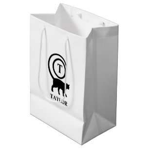Monogram Name Initial Kitty Cat Lover White Black Medium Gift Bag