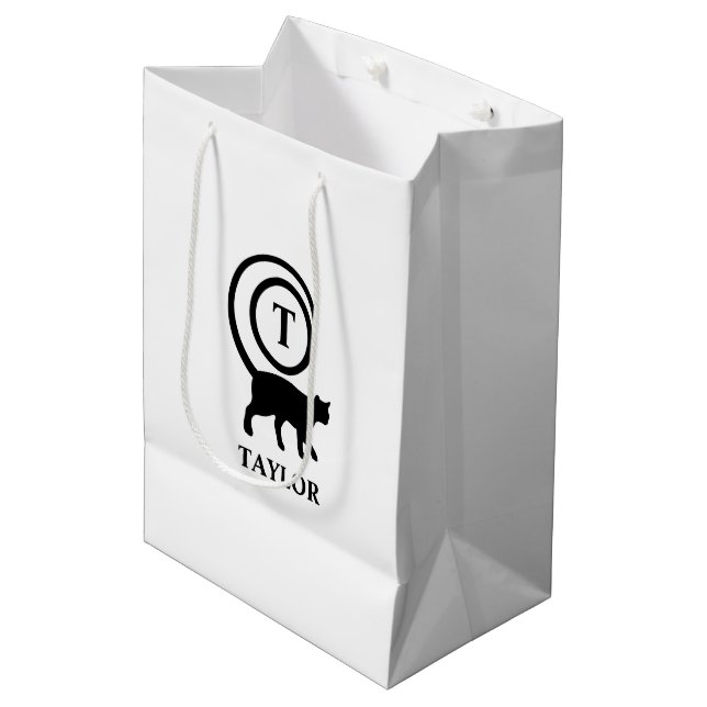 Monogram Name Initial Kitty Cat Lover White Black Medium Gift Bag (Front Angled)