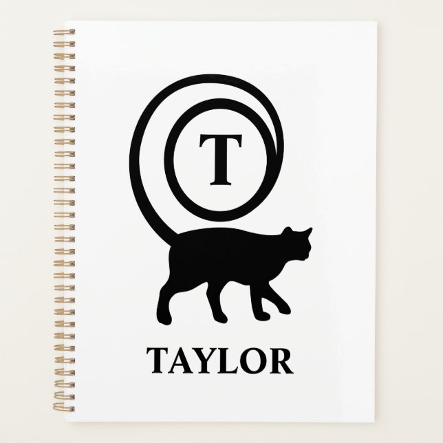 Monogram Name Initial Kitty Cat Lover White Black Planner (Front)