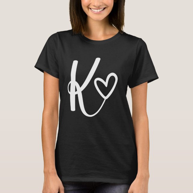 monogram name initial letter K white heart shape c T-Shirt (Front)