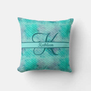 Monogram Name Initial Mermaid Blue Purple Green Cushion
