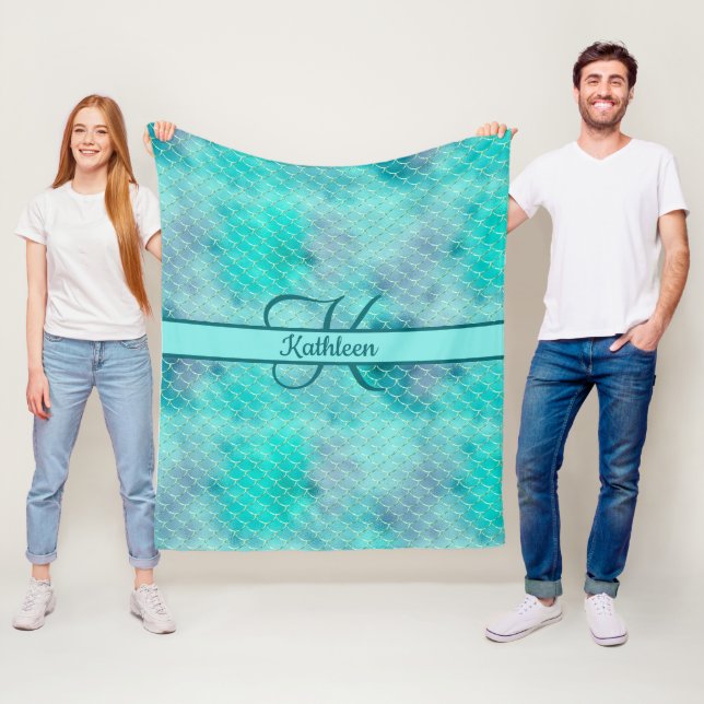 Monogram Name Initial Mermaid Blue Purple Green  Fleece Blanket (In Situ)