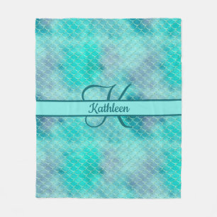 Monogram Name Initial Mermaid Blue Purple Green  Fleece Blanket