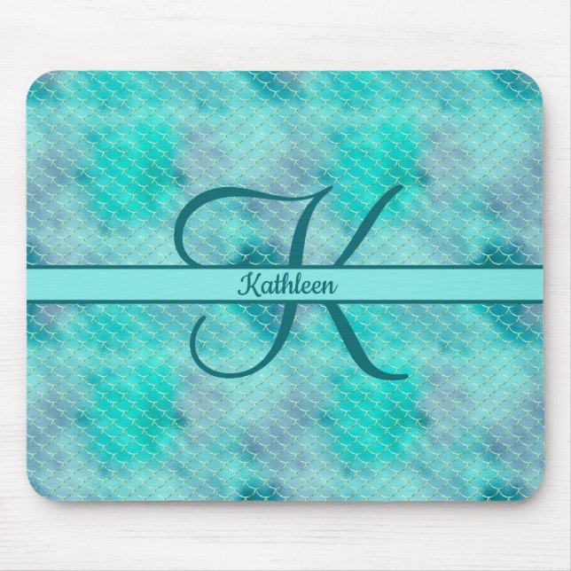 Monogram Name Initial Mermaid Blue Purple Green  Mouse Pad (Front)