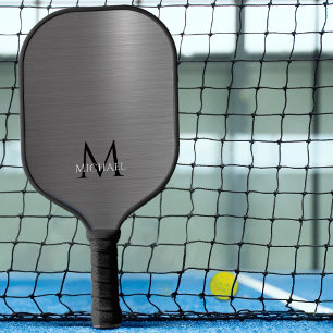 Monogram Name Initial Metallic Black Grey Elegant Pickleball Paddle