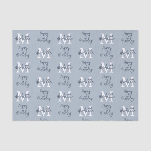 Monogram Name Initial Pattern Happy Birthday Blue Tissue Paper (Front)
