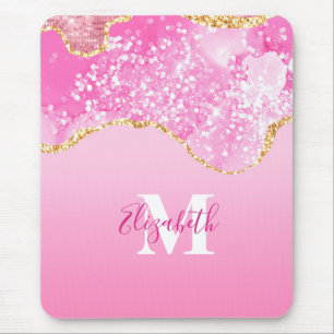 Monogram Name Initial Pink Gold Glam Glitter Mouse Pad