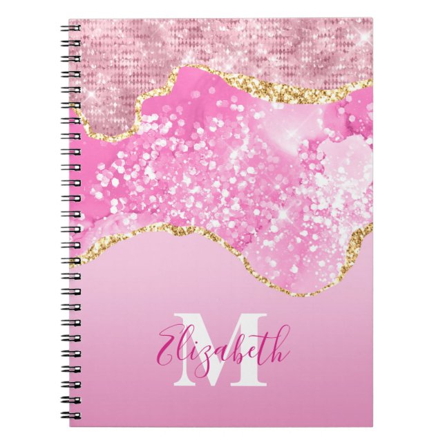 Monogram Name Initial Pink Gold Glam Glitter Notebook (Front)