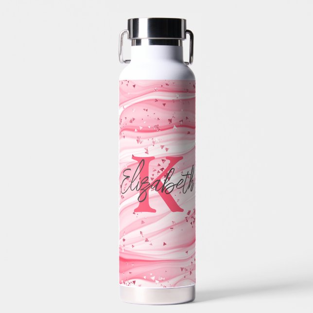 Monogram Name Initial Pink White Silver Glitter Water Bottle (Front)