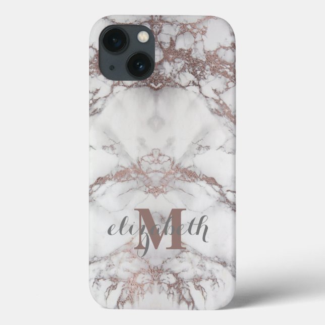 Monogram Name Initial Rose Gold White Grey Marble  Case-Mate iPhone Case (Back)