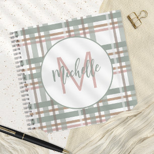 Monogram Name Initial Sage Dusty Pink Plaid Notebook