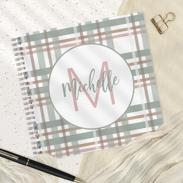 Monogram Name Initial Sage Dusty Pink Plaid  Notebook (Creator Uploaded)