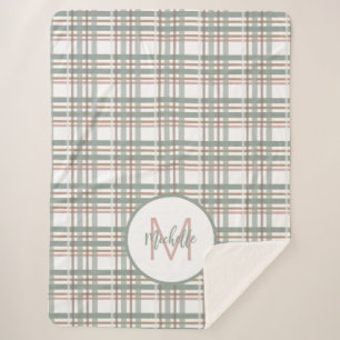 Monogram Name Initial Sage Pink Plaid Pattern Sherpa Blanket