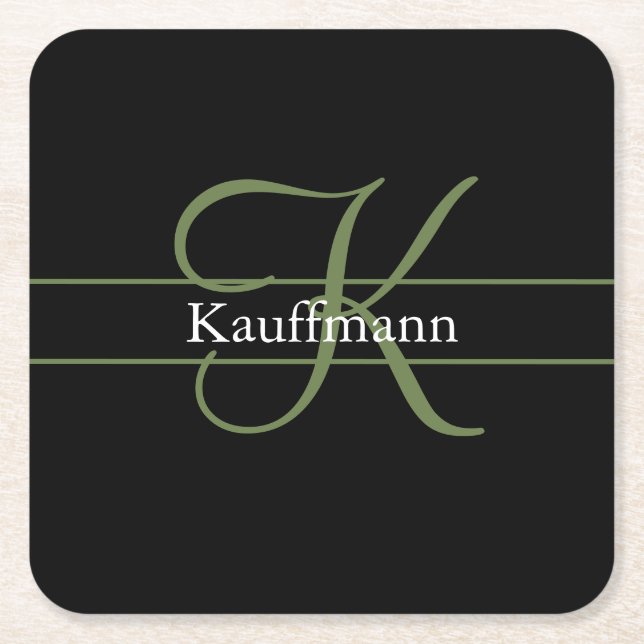 Monogram Name Initial Script Black Green White Square Paper Coaster (Front)