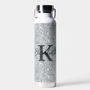 Monogram Name Initial Silver Glitter Girly Trendy Water Bottle