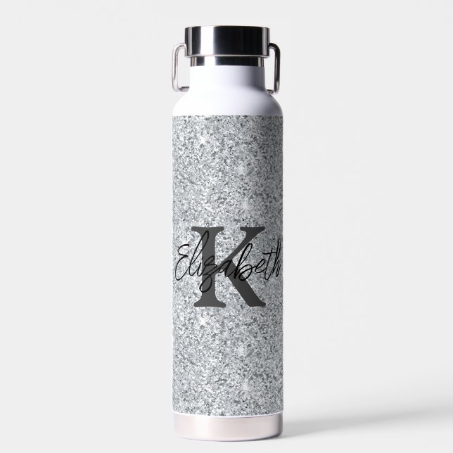 Monogram Name Initial Silver Glitter Girly Trendy Water Bottle (Front)