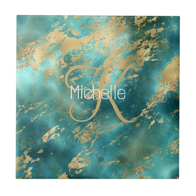 Monogram Name Initial Turquoise Green Gold Marble  Ceramic Tile (Front)