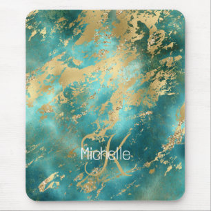 Monogram Name Initial Turquoise Green Gold Marble Mouse Pad
