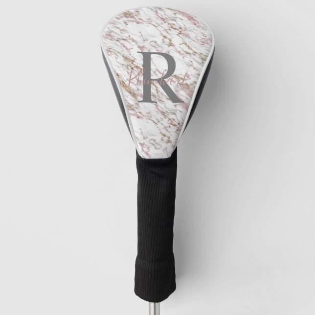 Monogram Name Initial White Grey Gold Pink Marble  Golf Head Cover (Front)