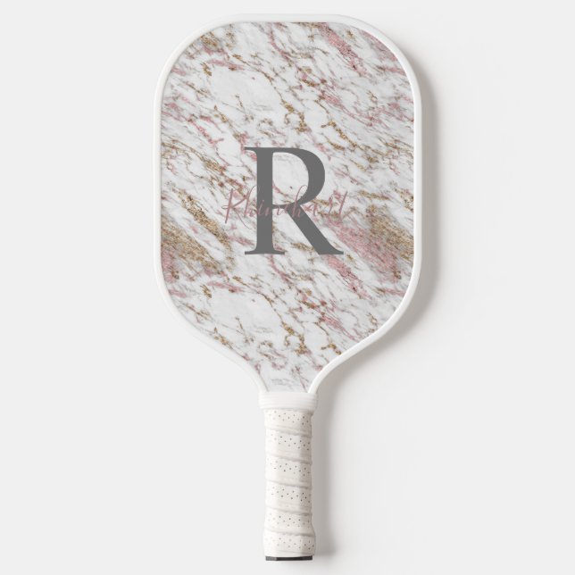 Monogram Name Initial White Grey Gold Pink Marble  Pickleball Paddle (Front)