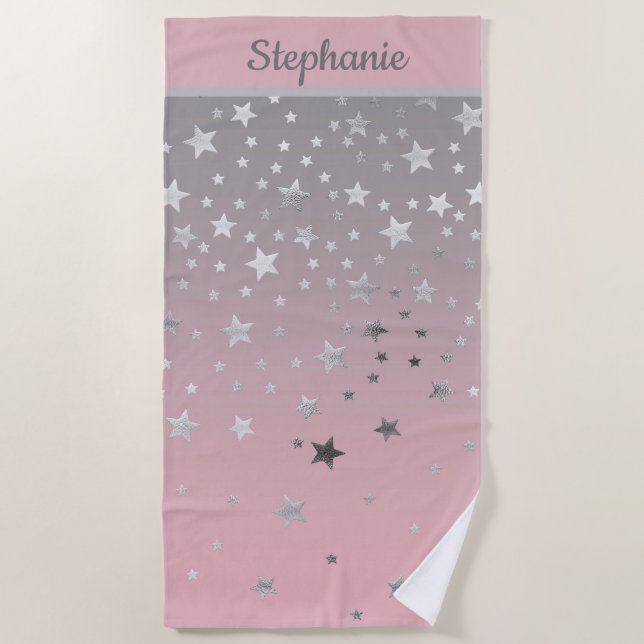 Monogram Name Initials Pink And Grey Stars Ombre Beach Towel (Front)
