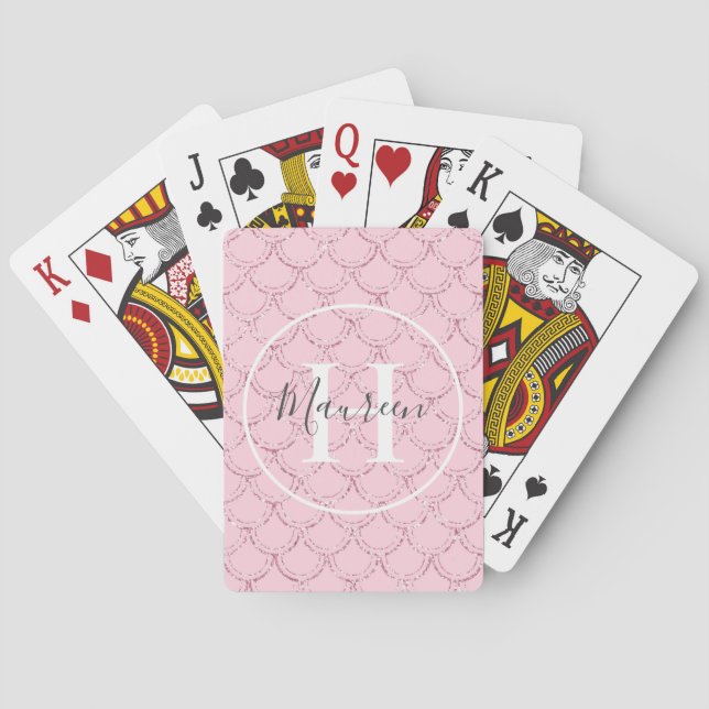 Monogram Name Initials Pink Mermaid Scales Glitter Playing Cards (Back)