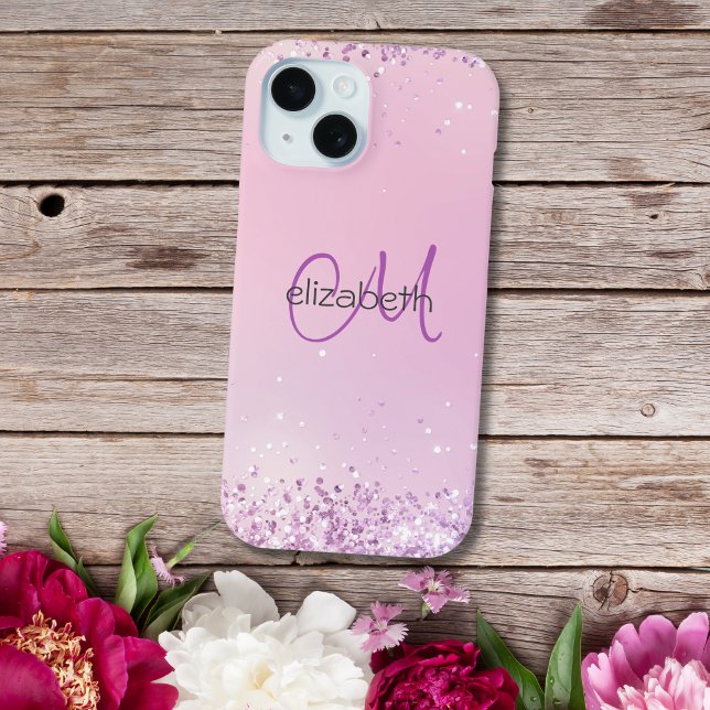 Monogram Name Initials Pink Purple Glitter iPhone 15 Case (Monogram name initial pink purple glitter iPhone case)