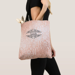 Monogram Name Initials Rose Gold Damask Bridesmaid Tote Bag