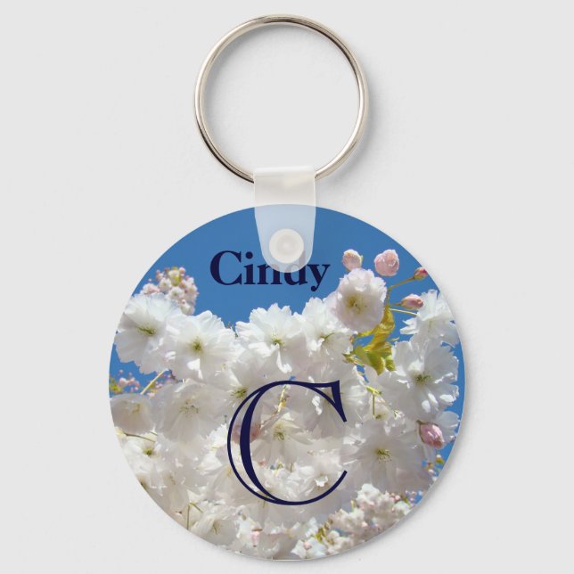 Monogram Name keychain Pink Blossom Blue Sky (Front)