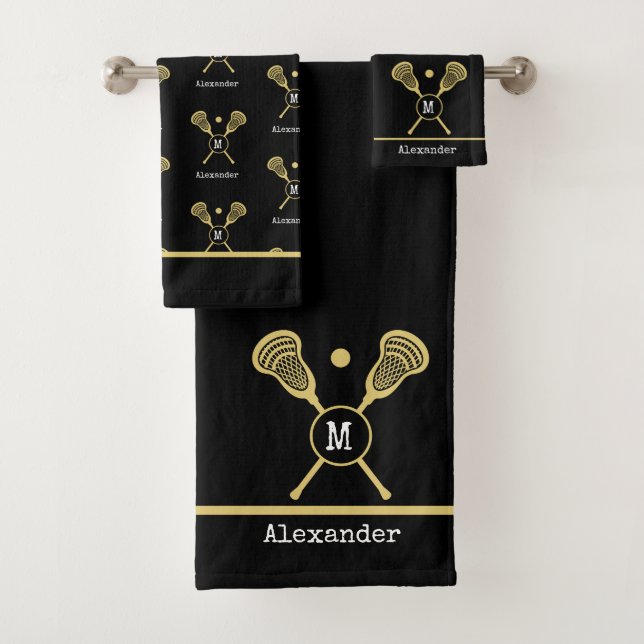 Monogram Name Lacrosse Gold Black  Bath Towel Set (Insitu)