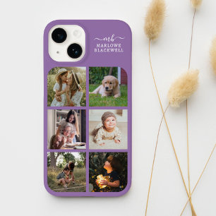 Monogram Name Lavender Purple 6 Photo Collage iPhone 14 Case
