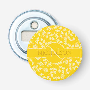 Monogram Name Leaf Daisy Pattern Bright Yellow Bottle Opener