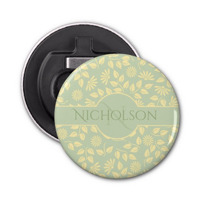 Monogram Name  Leaf Daisy Pattern Pastel Green Bottle Opener (Front)
