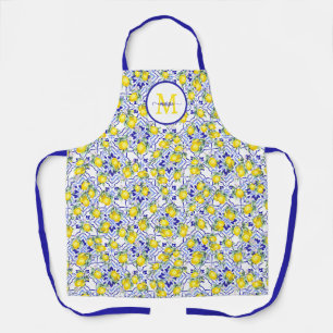 Monogram Name Lemon Blue French Country Tile Apron