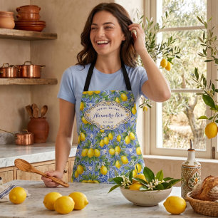 Monogram Name Lemon Blue French Country Tile  Apron