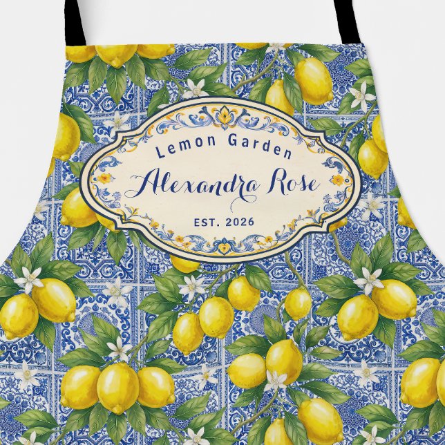 Monogram Name Lemon Blue French Country Tile  Apron (Creator Uploaded)