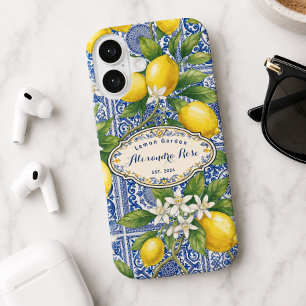 Monogram Name Lemon Blue French Country Tile  iPhone 16 Case
