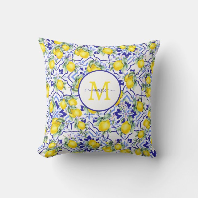 Monogram Name Lemon Blue French Country Tile  Cushion (Front)