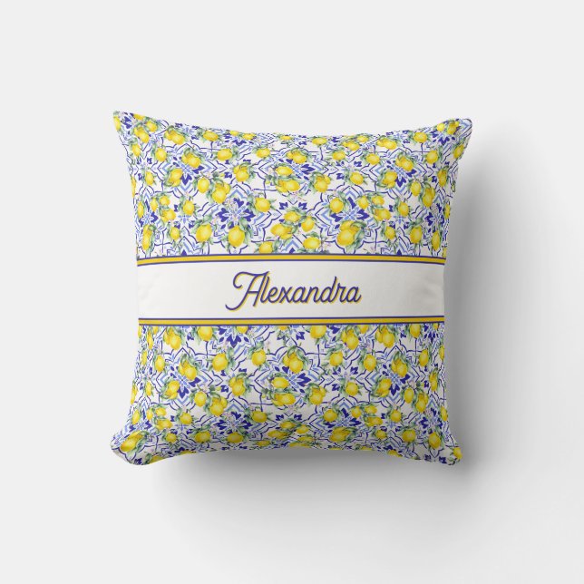 Monogram Name Lemon Blue French Country Tile  Cushion (Front)