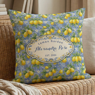 Monogram Name Lemon Blue French Country Tile  Cushion