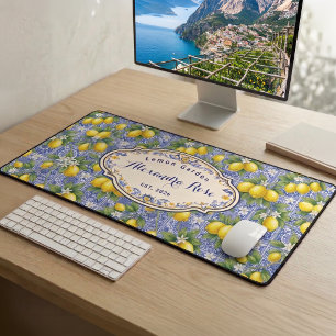 Monogram Name Lemon Blue French Country Tile  Desk Mat