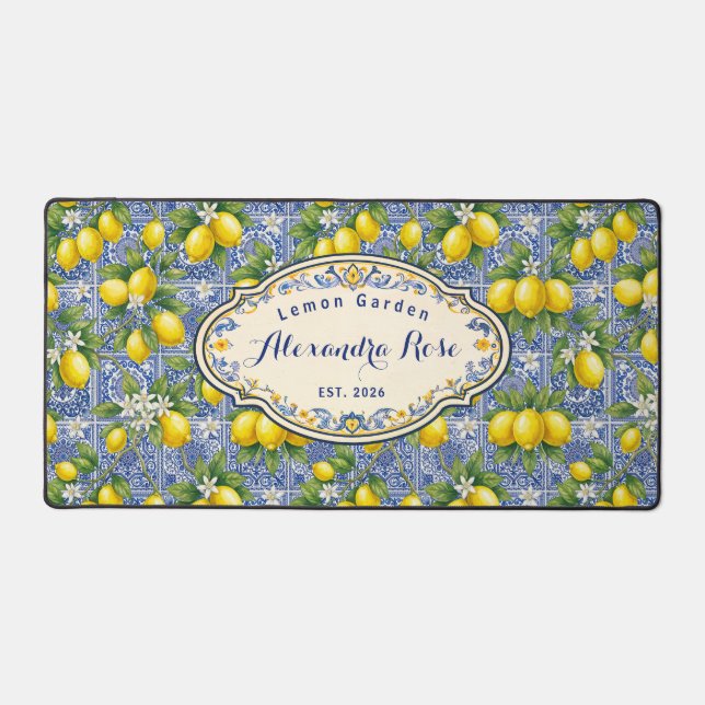 Monogram Name Lemon Blue French Country Tile  Desk Mat (Front)